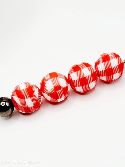 15mm Printed Red & White Picnic Cloth Print Silicone Bead – 15mm Round Red Beads for Pens & Wristlets