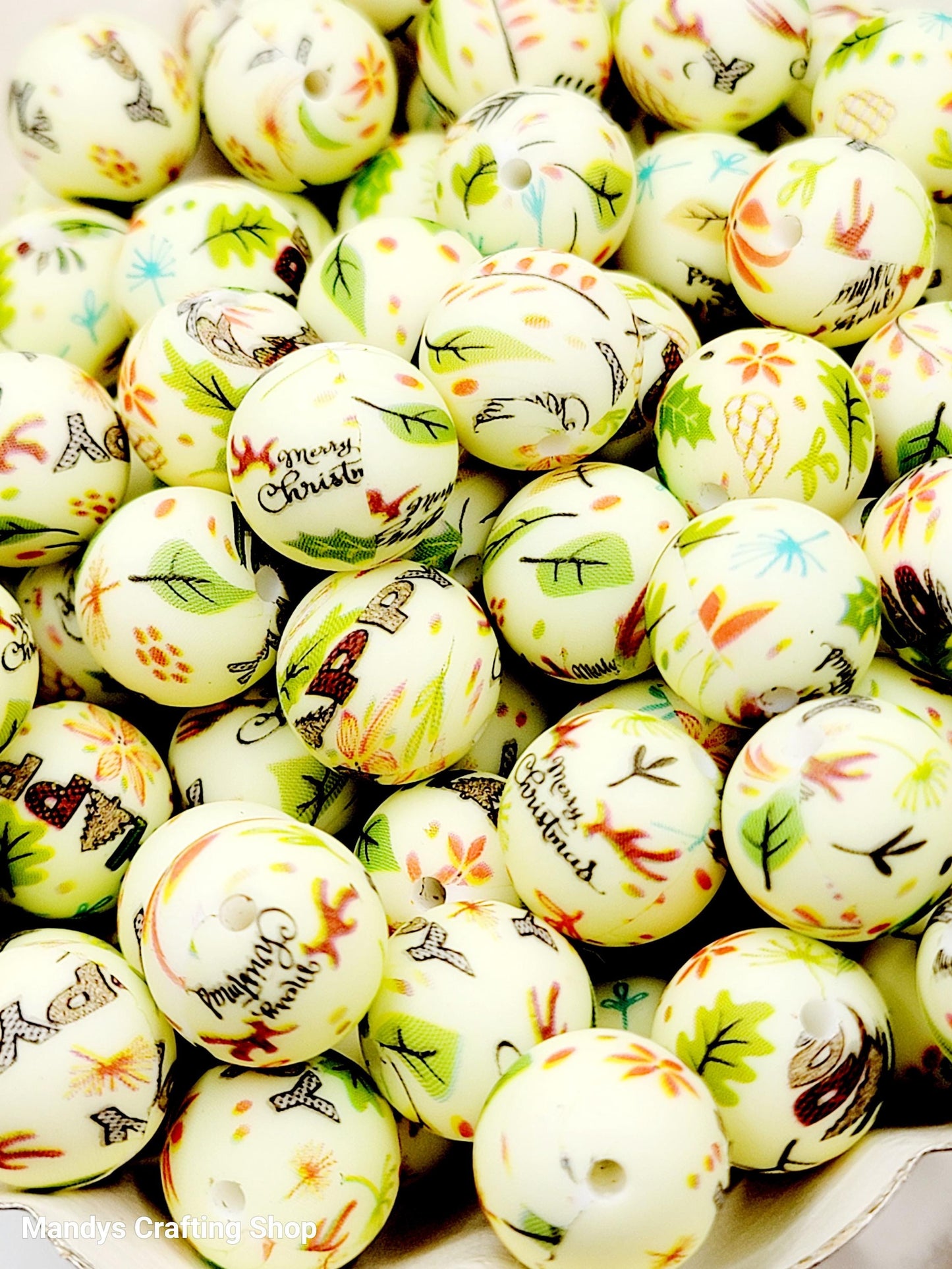 15mm Printed Christmas Woodland Print Silicone Beads – Round Holiday Beads for Pens & Wristlets