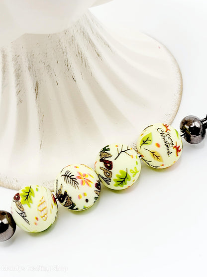 15mm Printed Christmas Woodland Print Silicone Beads – Round Holiday Beads for Pens & Wristlets