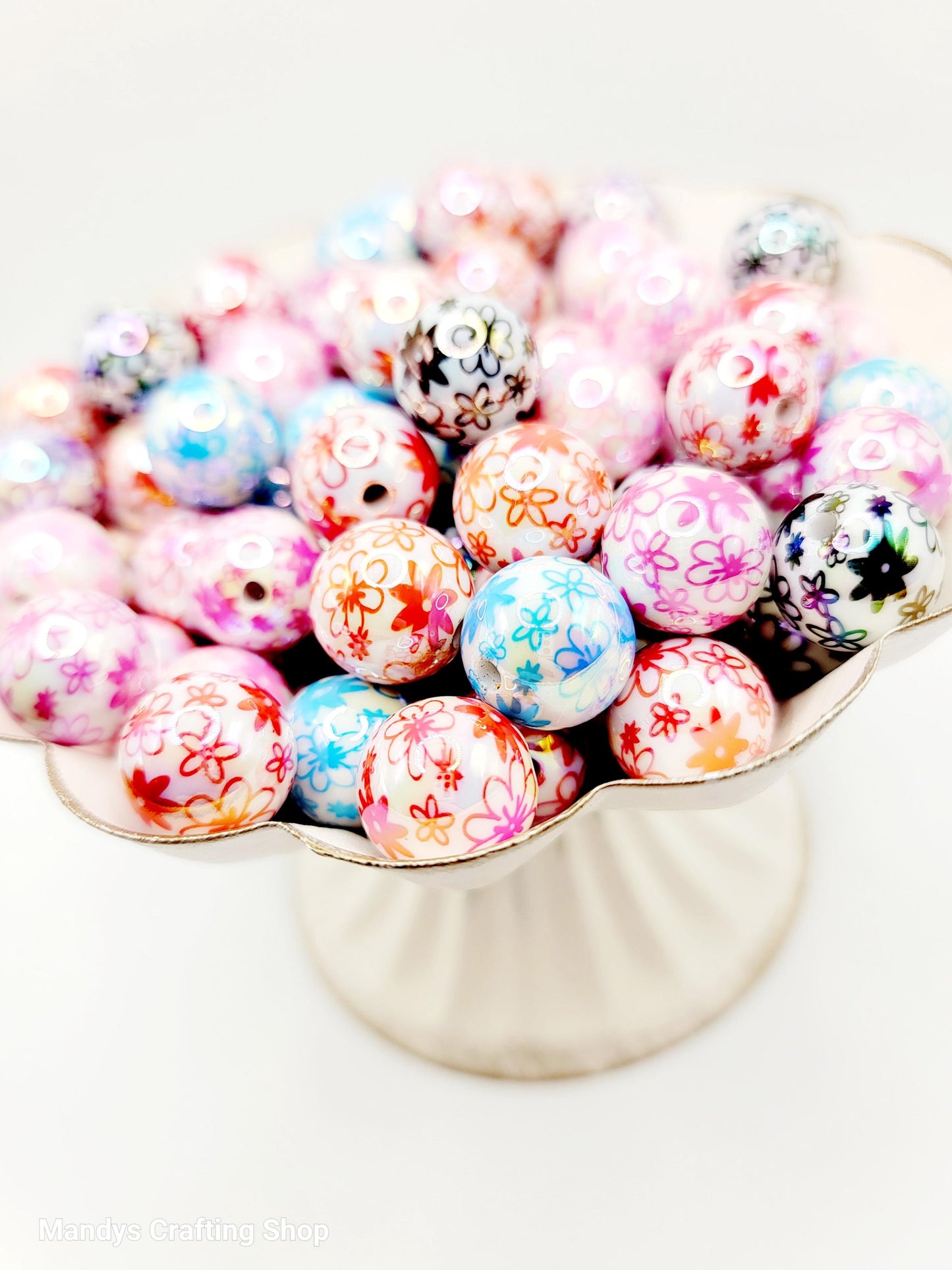 16mm Printed Flower White Acrylic Beads (Set of 10) – Chunky Bubble Gum Resin Beads