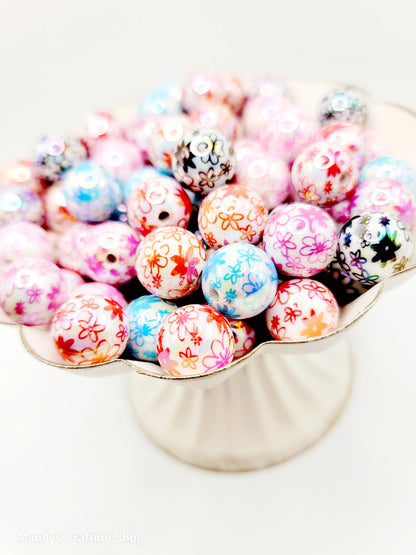 16mm Printed Flower White Acrylic Beads (Set of 10) – Chunky Bubble Gum Resin Beads