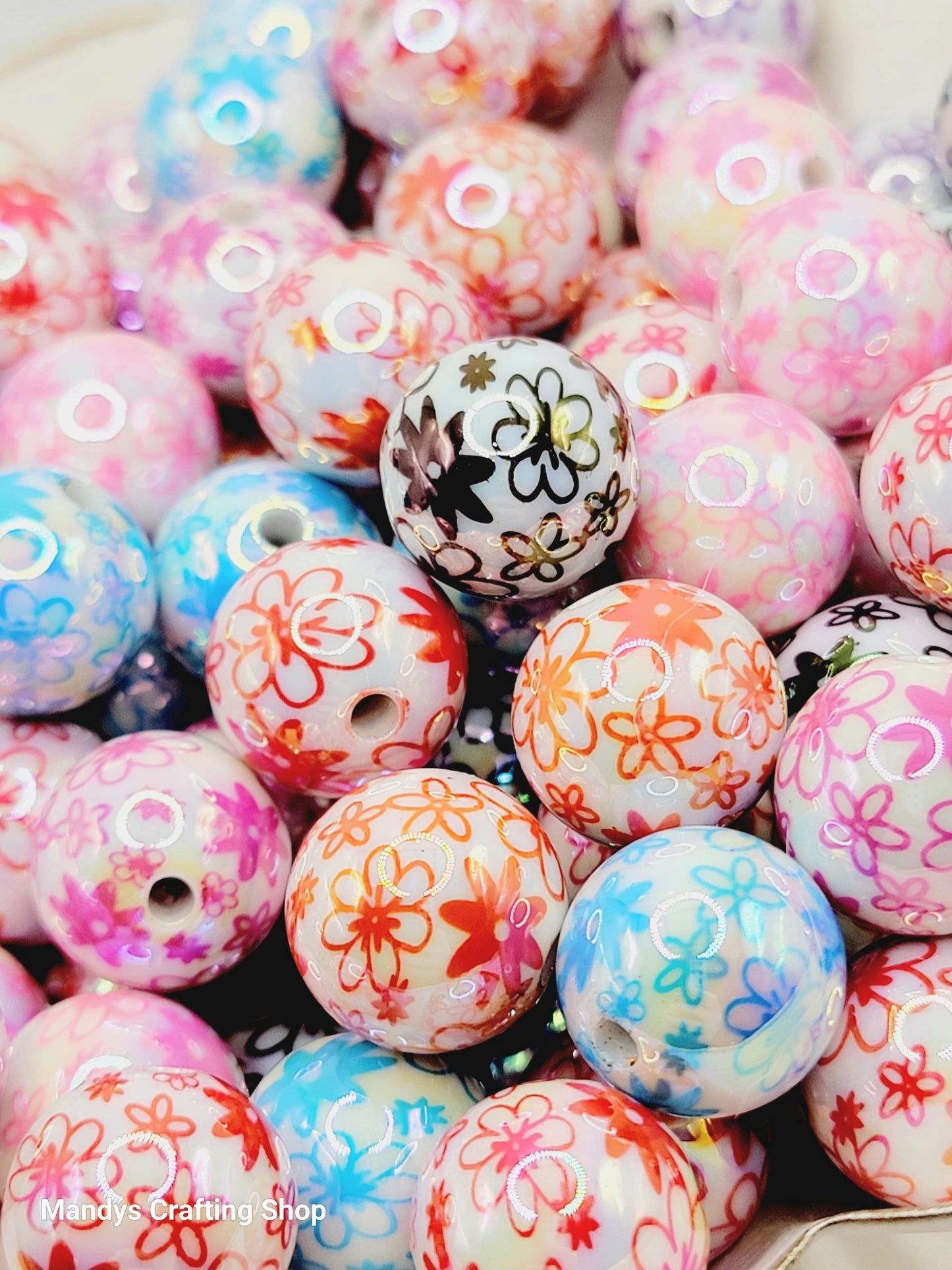 16mm Printed Flower White Acrylic Beads (Set of 10) – Chunky Bubble Gum Resin Beads
