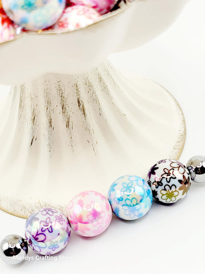 16mm Printed Flower White Acrylic Beads (Set of 10) – Chunky Bubble Gum Resin Beads