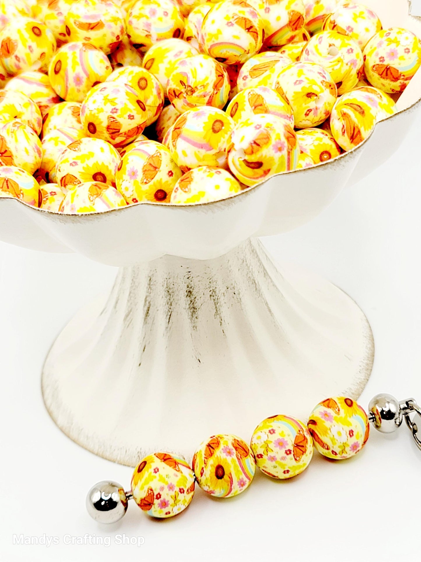 15mm Printed Yellow Summer Floral Silicone Bead – Round Flower Beads for Pens & Wristlets