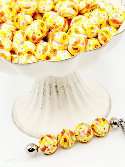 15mm Printed Yellow Summer Floral Silicone Bead – Round Flower Beads for Pens & Wristlets