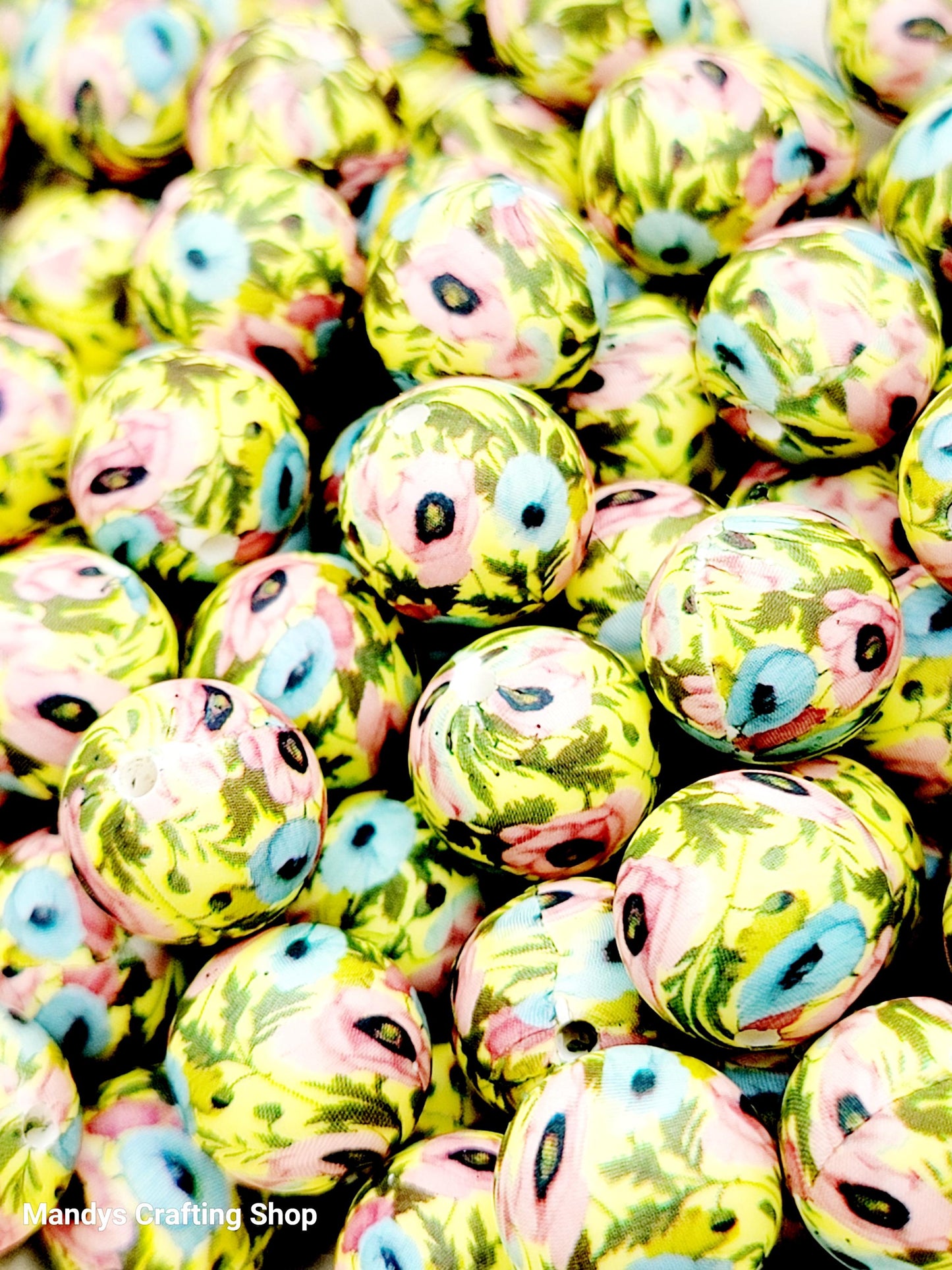 15mm Printed Poppy Flower Print Silicone Beads – Floral Theme Round Spacer Beads for Pens & Wristlets