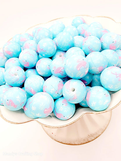 15mm Printed Blue & Pink Flamingo Print Silicone Bead – Tropical Round Beads for Pens & Wristlets