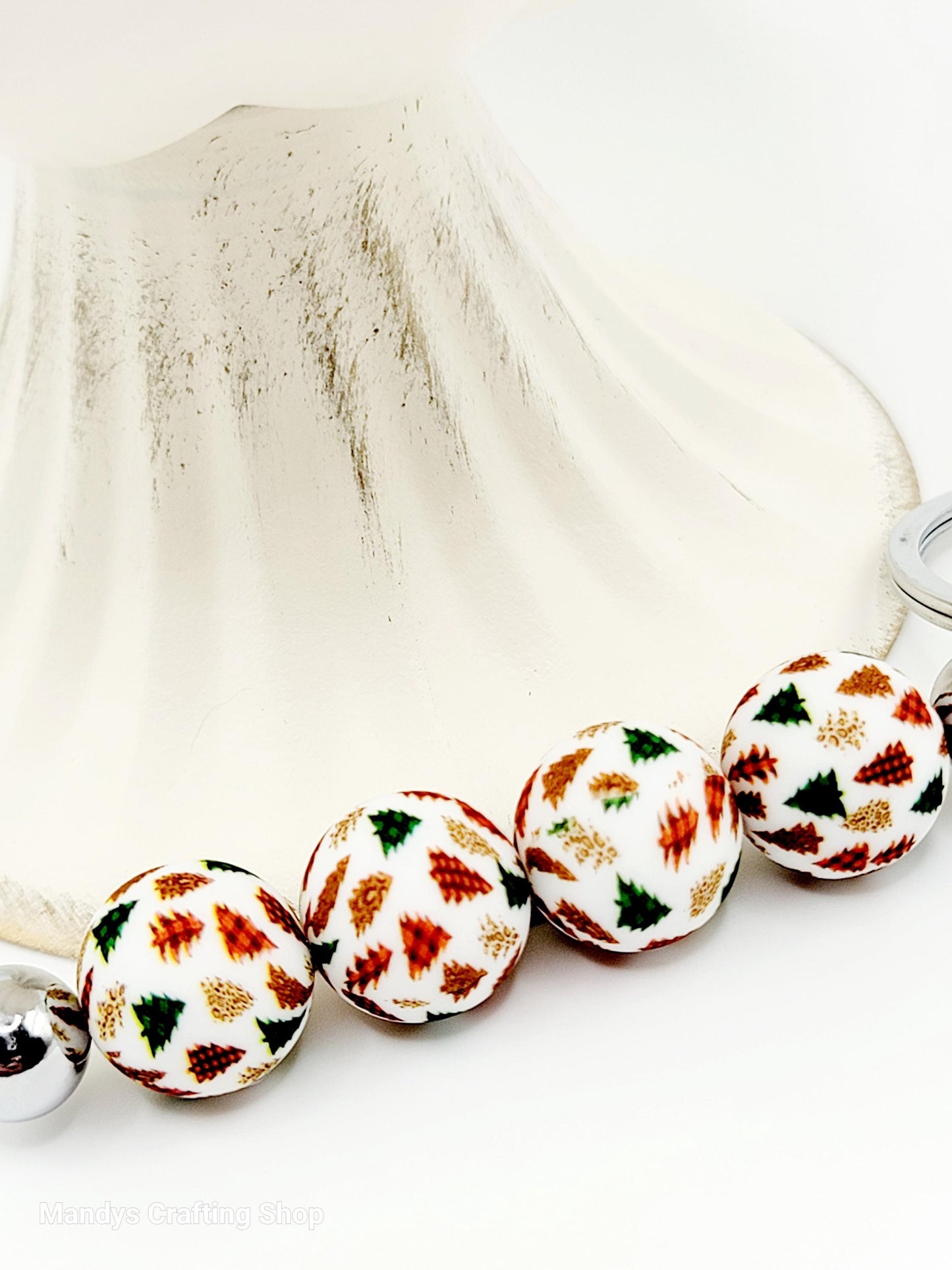 15mm Printed Christmas Tree Print Silicone Beads – Round Holiday Christmas Beads for Pens & Wristlets