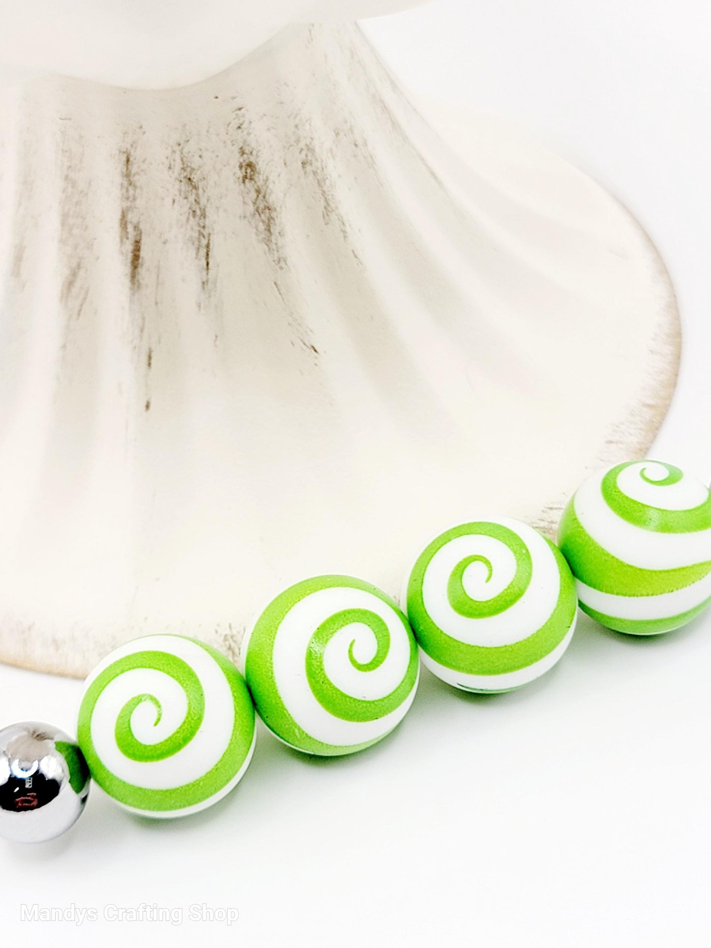 15mm Bright Green & White Printed Round Pen Beads - Christmas & St. Patrick’s Day Silicone Round Spacer Beads