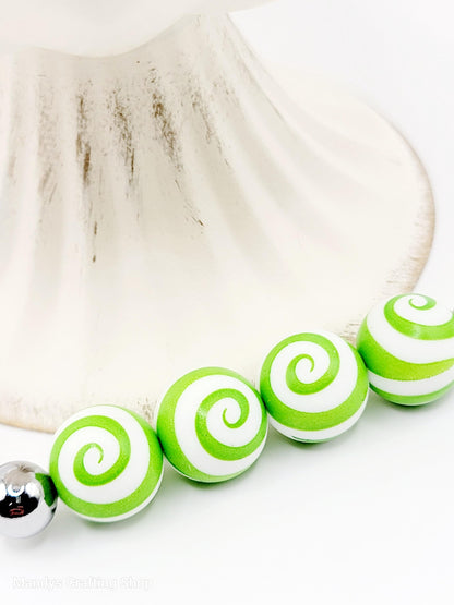 15mm Bright Green & White Printed Round Pen Beads - Christmas & St. Patrick’s Day Silicone Round Spacer Beads