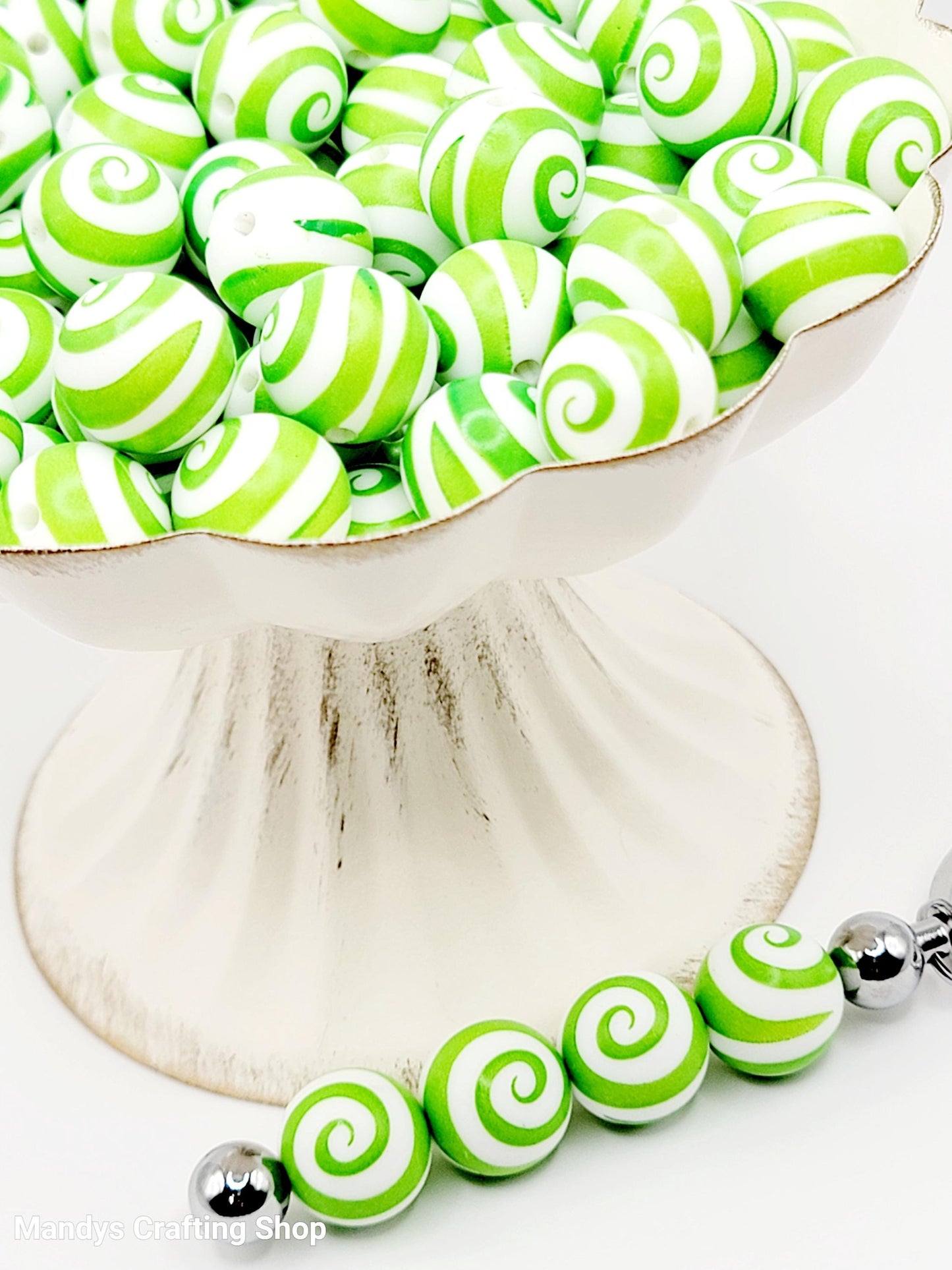 15mm Bright Green & White Printed Round Pen Beads - Christmas & St. Patrick’s Day Silicone Round Spacer Beads
