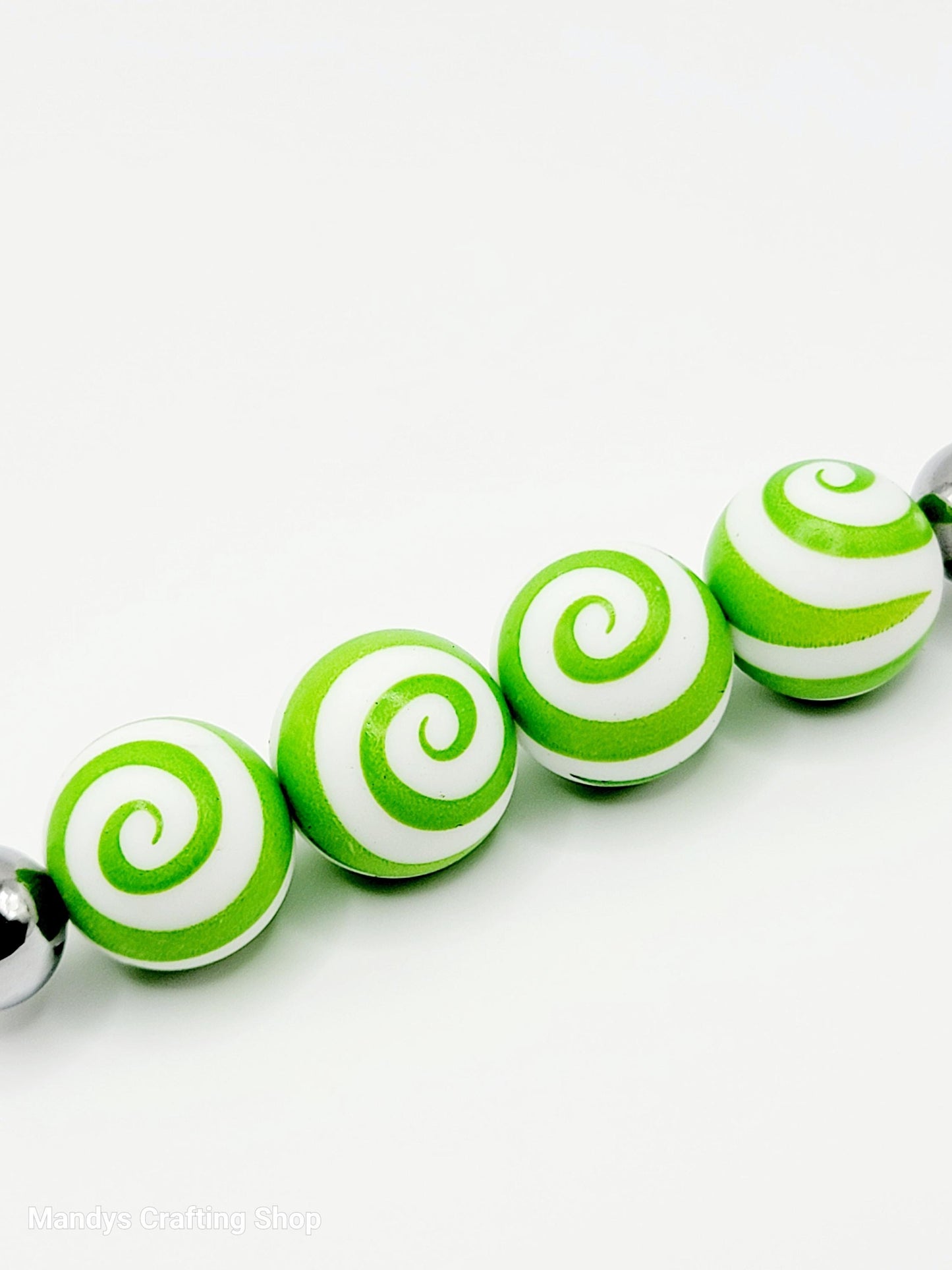 15mm Bright Green & White Printed Round Pen Beads - Christmas & St. Patrick’s Day Silicone Round Spacer Beads