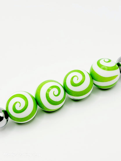 15mm Bright Green & White Printed Round Pen Beads - Christmas & St. Patrick’s Day Silicone Round Spacer Beads