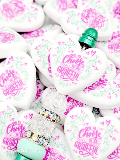 Choose to Be Grateful Heart Focal Bead – Inspirational Printed Silicone Pen Bead (Set of 2)