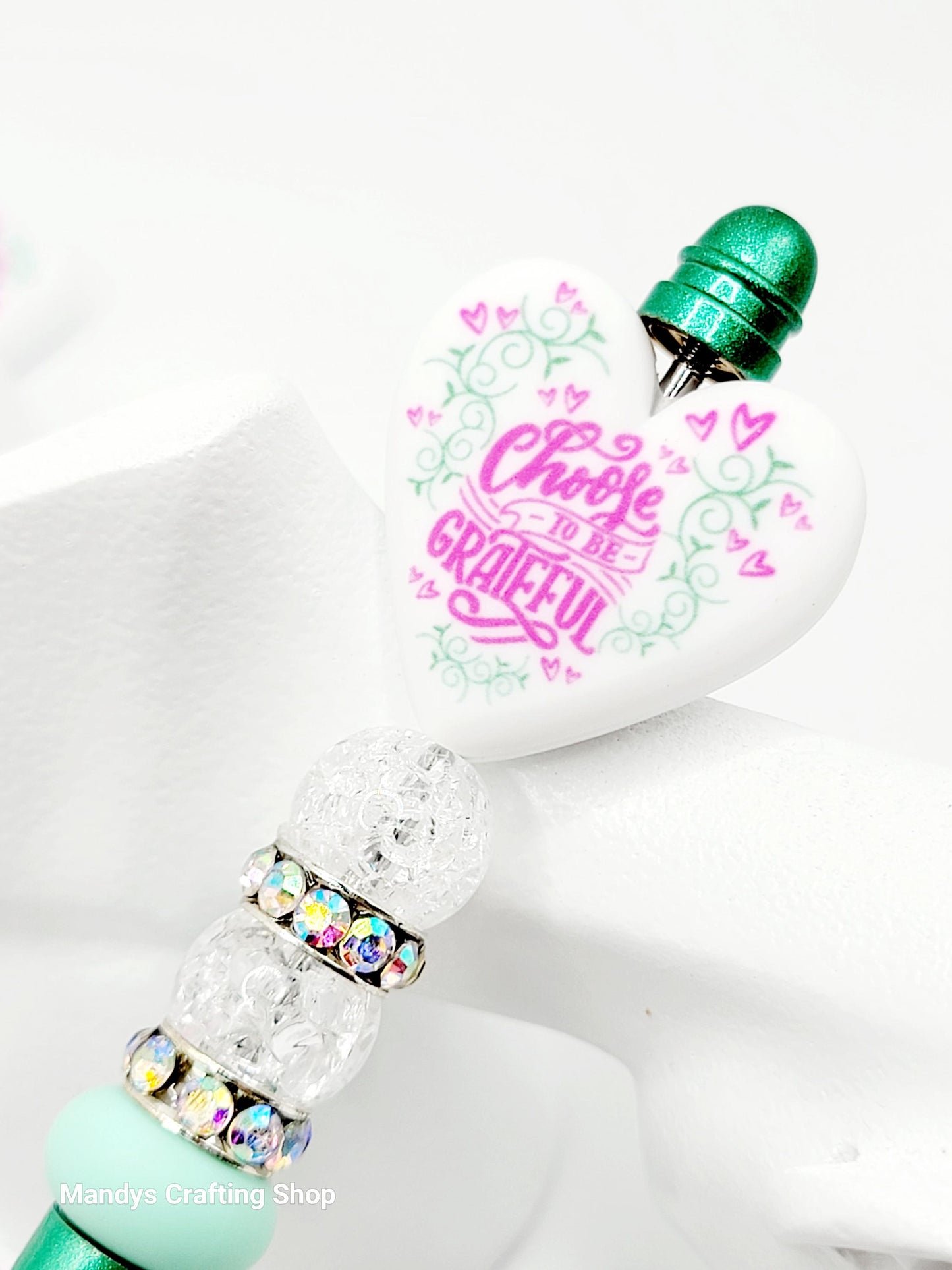 Choose to Be Grateful Heart Focal Bead – Inspirational Printed Silicone Pen Bead (Set of 2)