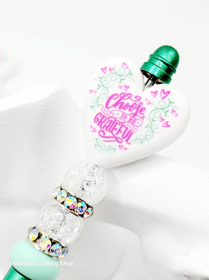 Choose to Be Grateful Heart Focal Bead – Inspirational Printed Silicone Pen Bead (Set of 2)