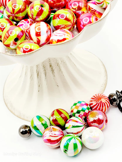 16mm Christmas Checkered Acrylic Beads (Set of 10) – Red Green White