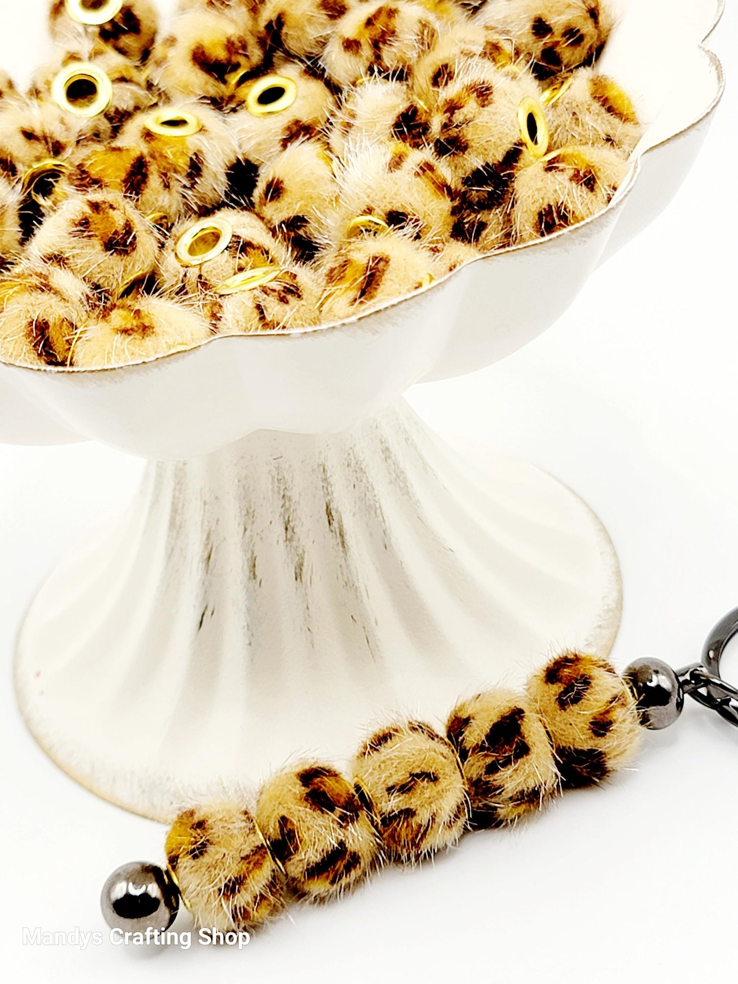 Light Brown Leopard Print Fuzzy Beads – Furry Pom Pom Spacer Beads for DIY Crafts (Set of 5)
