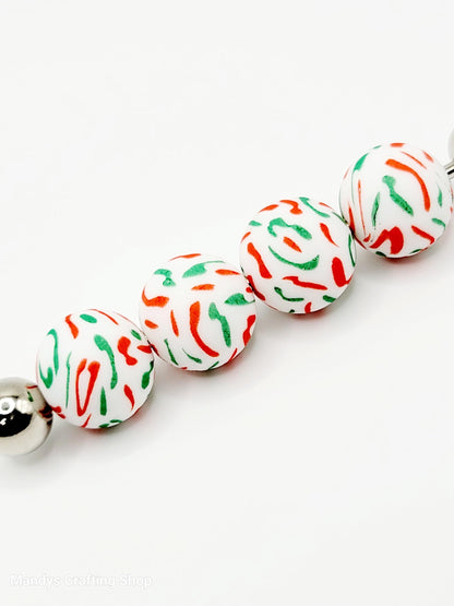 15mm Printed Red & Green Confetti Print Silicone Beads – Christmas Round Beads for Pens & Wristlets