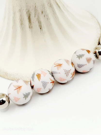 15mm Printed Bohemian Christmas Tree Silicone Beads – Round Holiday Beads for Pens & Wristlets