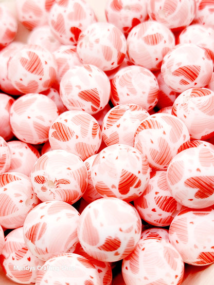 15mm Printed Valentine Heart Round Silicone Bead – Red & Pink Round Spacer Beads for Wristlets & Keychains