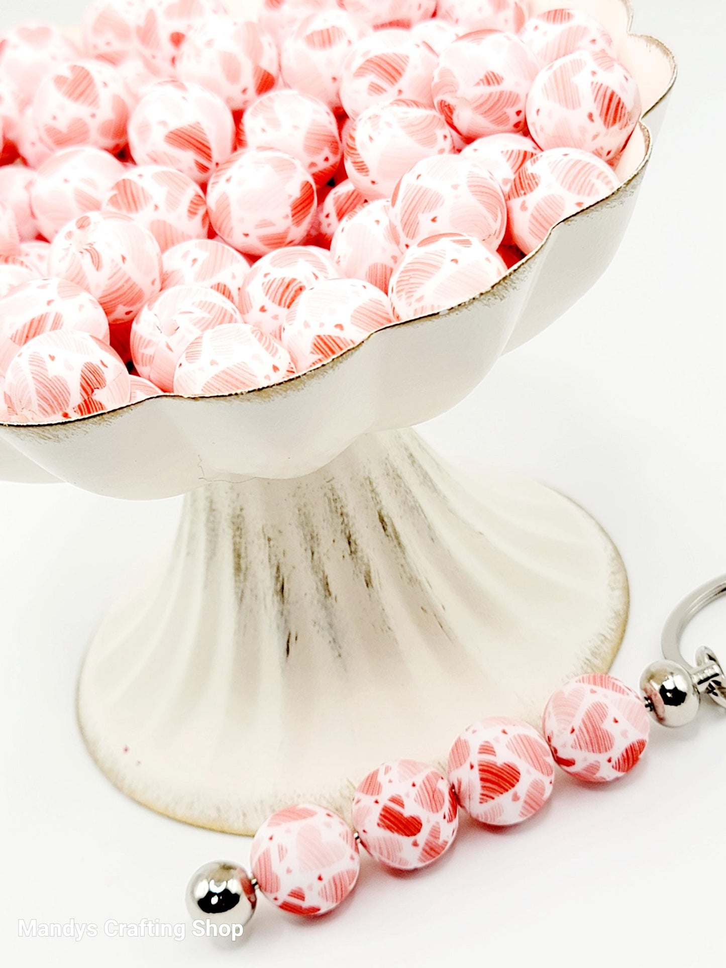 15mm Printed Valentine Heart Round Silicone Bead – Red & Pink Round Spacer Beads for Wristlets & Keychains
