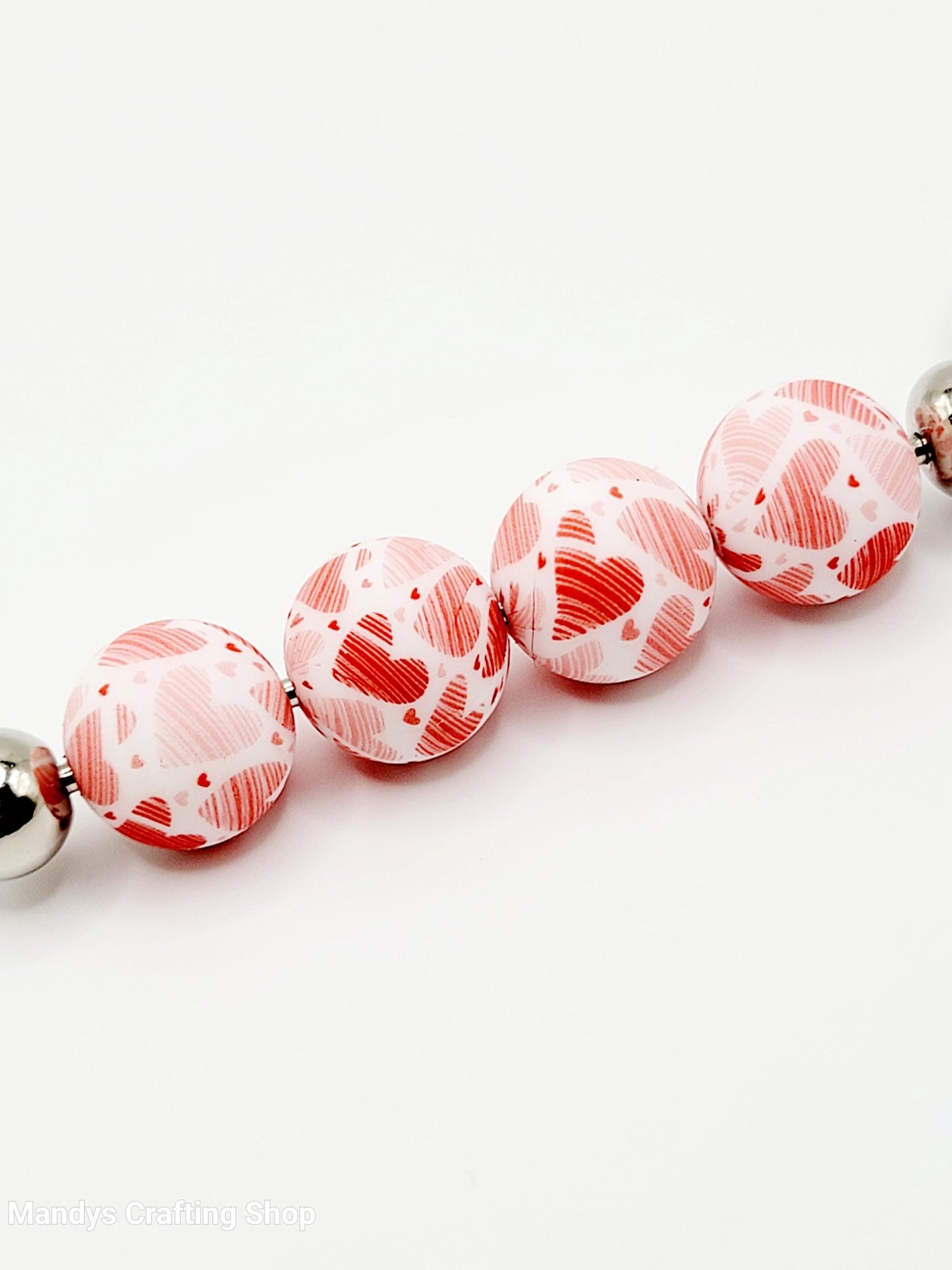 15mm Printed Valentine Heart Round Silicone Bead – Red & Pink Round Spacer Beads for Wristlets & Keychains