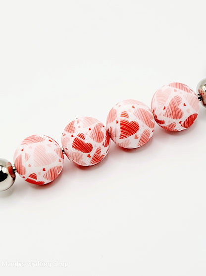 15mm Printed Valentine Heart Round Silicone Bead – Red & Pink Round Spacer Beads for Wristlets & Keychains
