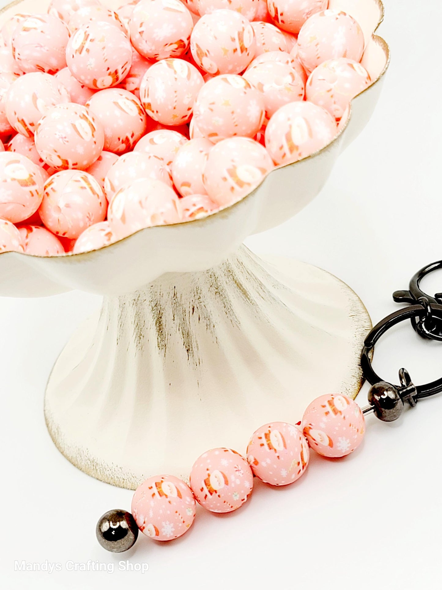 15mm Printed Pink Santa Print Silicone Beads – Santa Christmas Round Beads for Pens & Wristlets