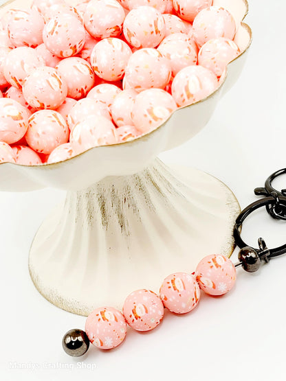 15mm Printed Pink Santa Print Silicone Beads – Santa Christmas Round Beads for Pens & Wristlets