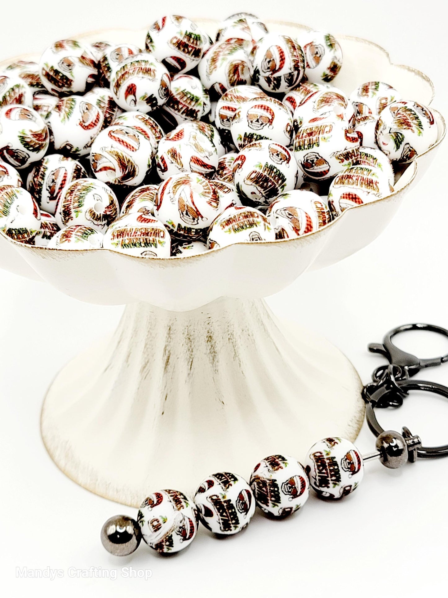 15mm Printed Merry Christmas Santa Skull Silicone Beads – Christms Theme Round Spacer Beads for Pens & Wristlets
