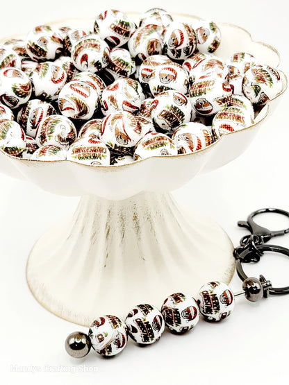 15mm Printed Merry Christmas Santa Skull Silicone Beads – Christms Theme Round Spacer Beads for Pens & Wristlets