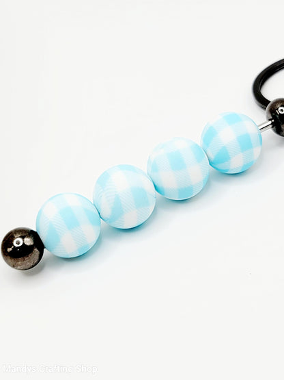 15mm Printed Blue & White Picnic Cloth Print Silicone Bead – Checkered Blue Beads for Pens & Wristlets