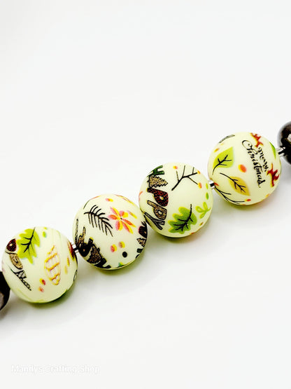 15mm Printed Christmas Woodland Print Silicone Beads – Round Holiday Beads for Pens & Wristlets