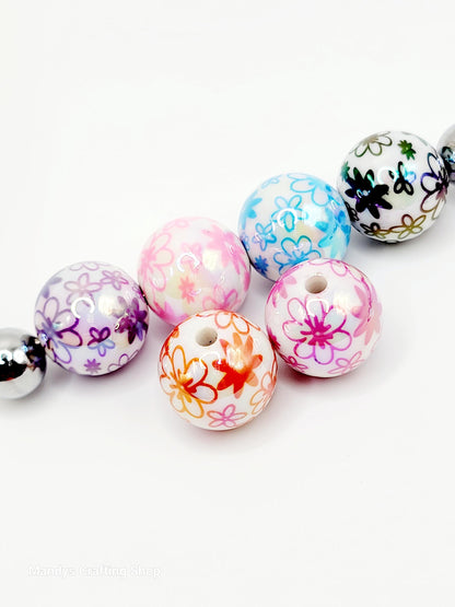 16mm Printed Flower White Acrylic Beads (Set of 10) – Chunky Bubble Gum Resin Beads