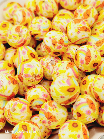 15mm Printed Yellow Summer Floral Silicone Bead – Round Flower Beads for Pens & Wristlets