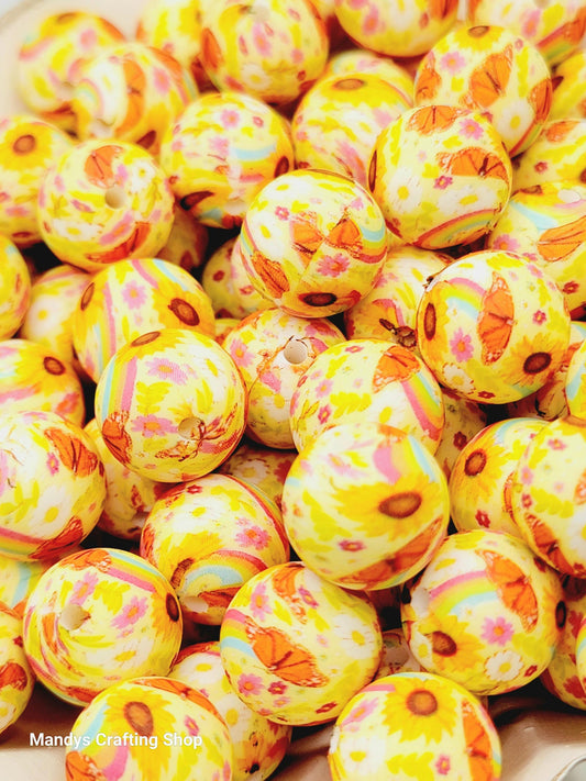 15mm Printed Yellow Summer Floral Silicone Bead – Round Flower Beads for Pens & Wristlets