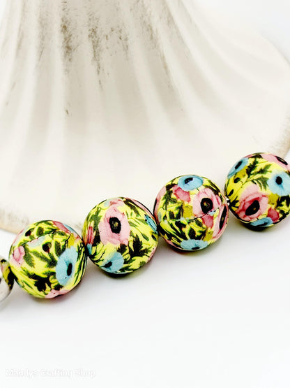 15mm Printed Poppy Flower Print Silicone Beads – Floral Theme Round Spacer Beads for Pens & Wristlets