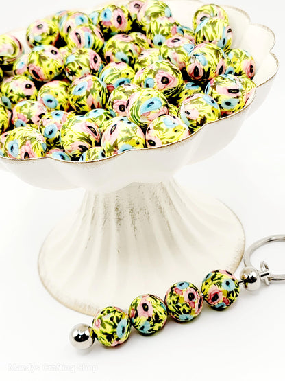 15mm Printed Poppy Flower Print Silicone Beads – Floral Theme Round Spacer Beads for Pens & Wristlets