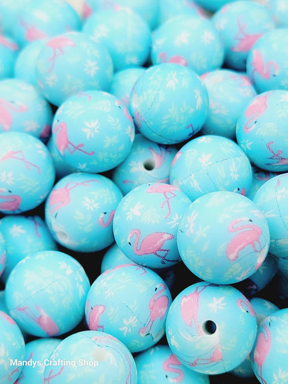 15mm Printed Blue & Pink Flamingo Print Silicone Bead – Tropical Round Beads for Pens & Wristlets