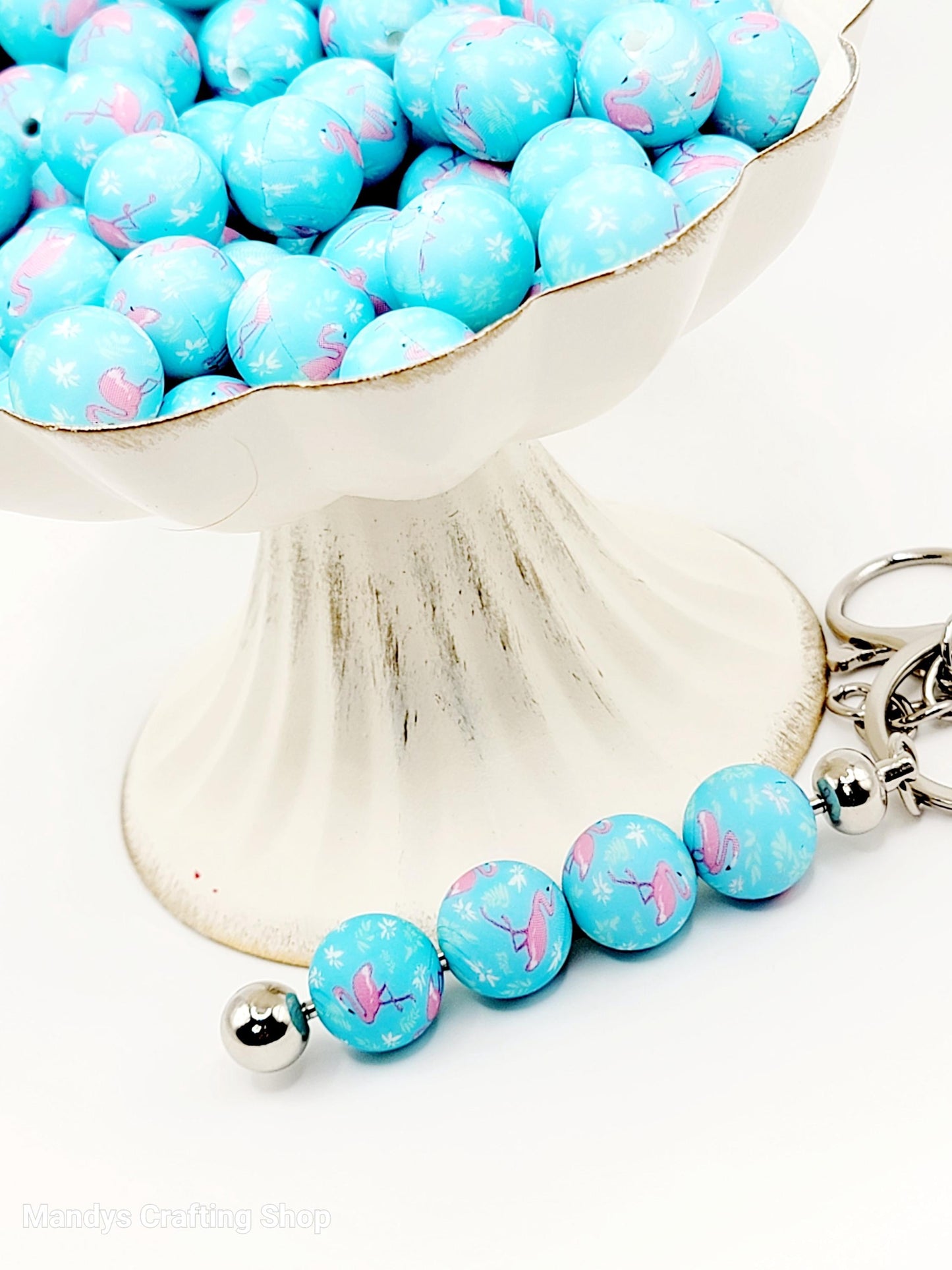 15mm Printed Blue & Pink Flamingo Print Silicone Bead – Tropical Round Beads for Pens & Wristlets