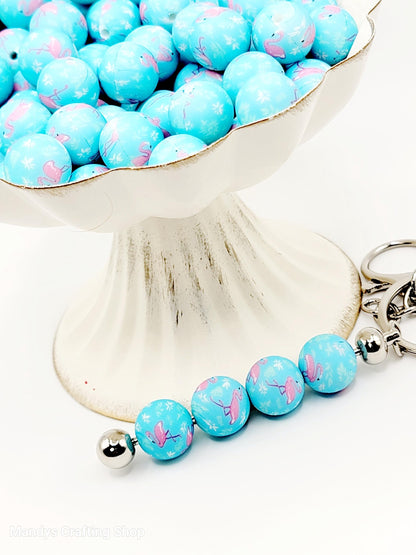 15mm Printed Blue & Pink Flamingo Print Silicone Bead – Tropical Round Beads for Pens & Wristlets
