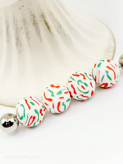 15mm Printed Red & Green Confetti Print Silicone Beads – Christmas Round Beads for Pens & Wristlets