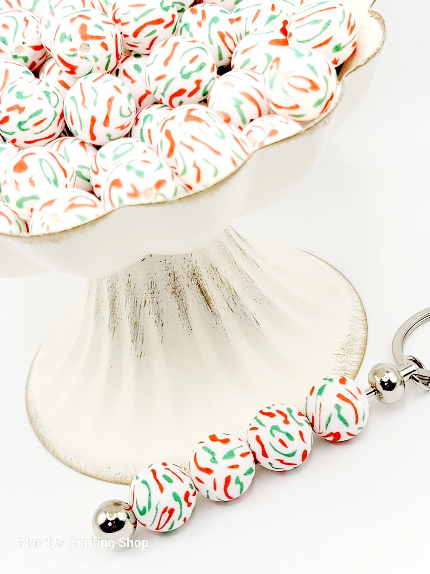 15mm Printed Red & Green Confetti Print Silicone Beads – Christmas Round Beads for Pens & Wristlets