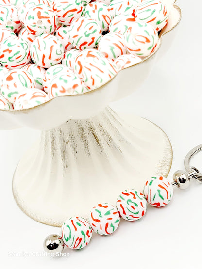 15mm Printed Red & Green Confetti Print Silicone Beads – Christmas Round Beads for Pens & Wristlets