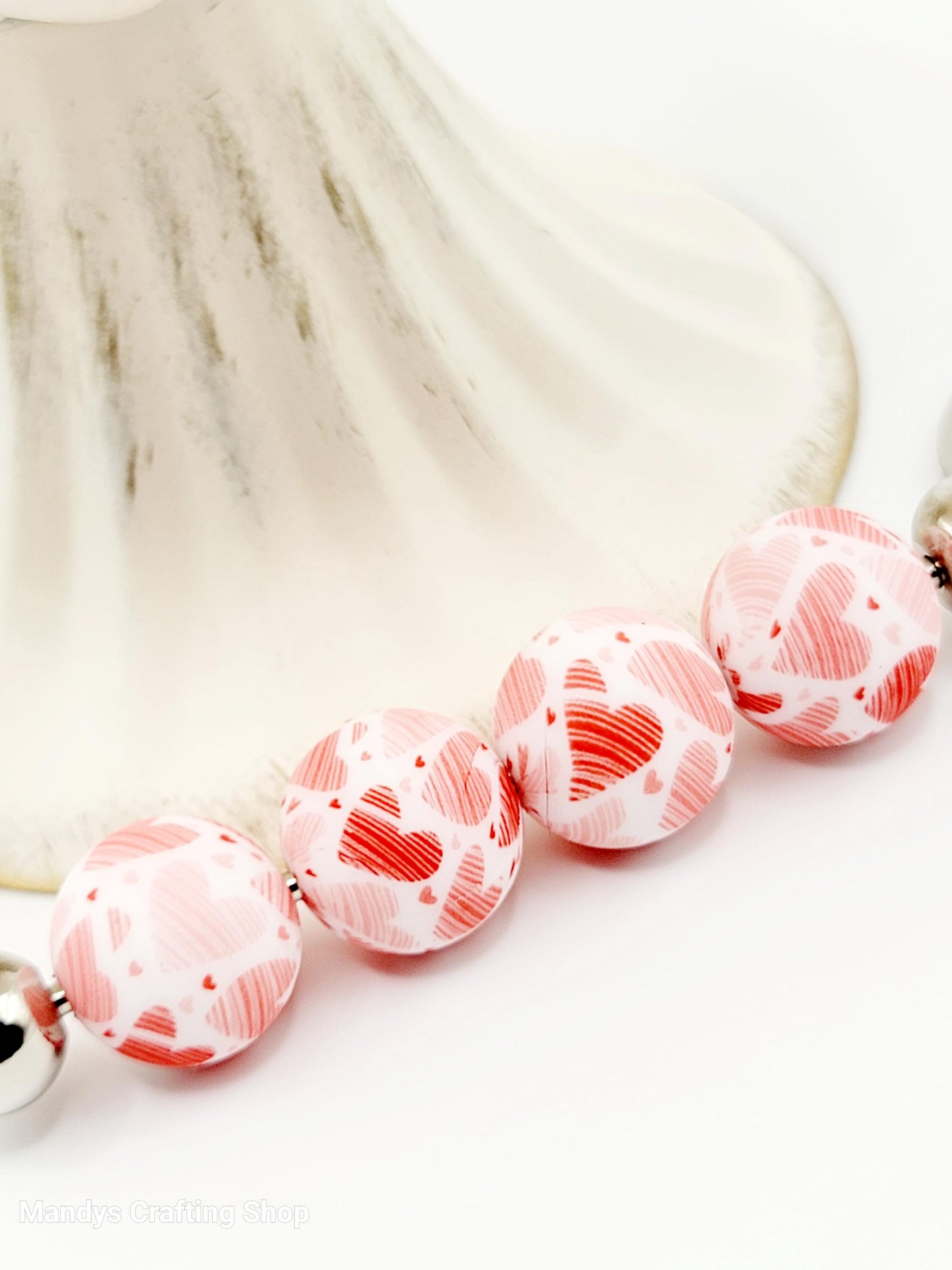 15mm Printed Valentine Heart Round Silicone Bead – Red & Pink Round Spacer Beads for Wristlets & Keychains