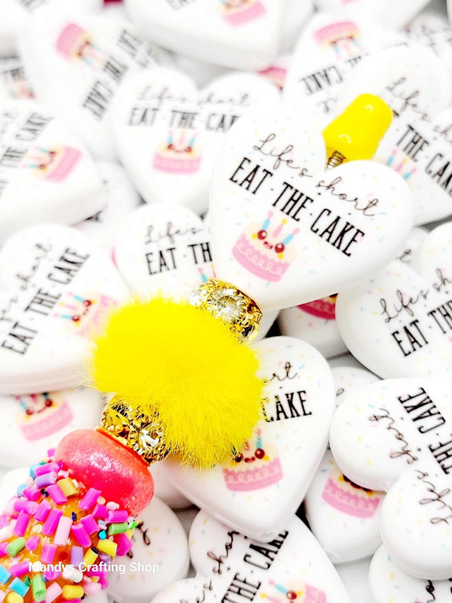 Life’s Short Eat the Cake Heart Focal Bead – Inspirational Birthday Printed Silicone Pen Bead (Set of 2)