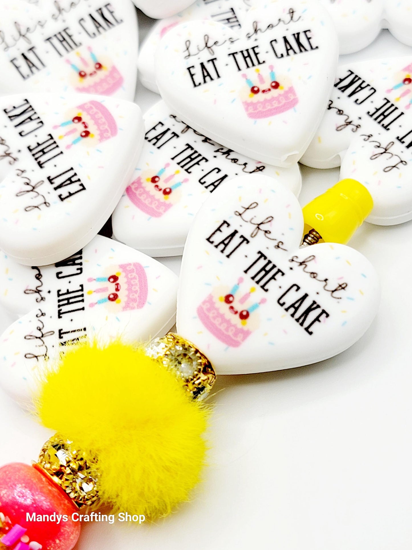 Life’s Short Eat the Cake Heart Focal Bead – Inspirational Birthday Printed Silicone Pen Bead (Set of 2)