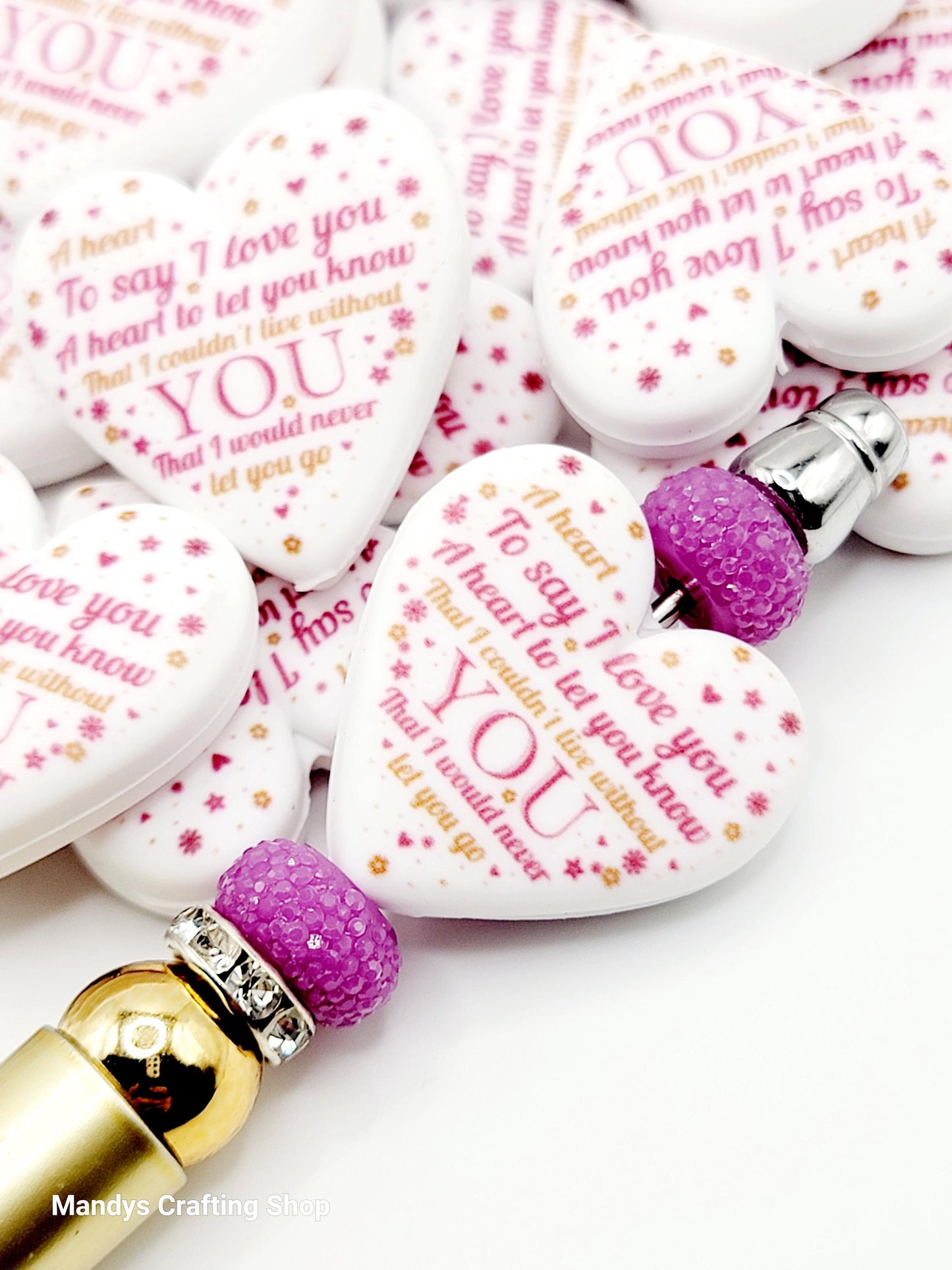 Valentine’s Day Heart Focal Bead – “A Heart to Say I Love You” Printed Silicone Pen Bead (Set of 2)