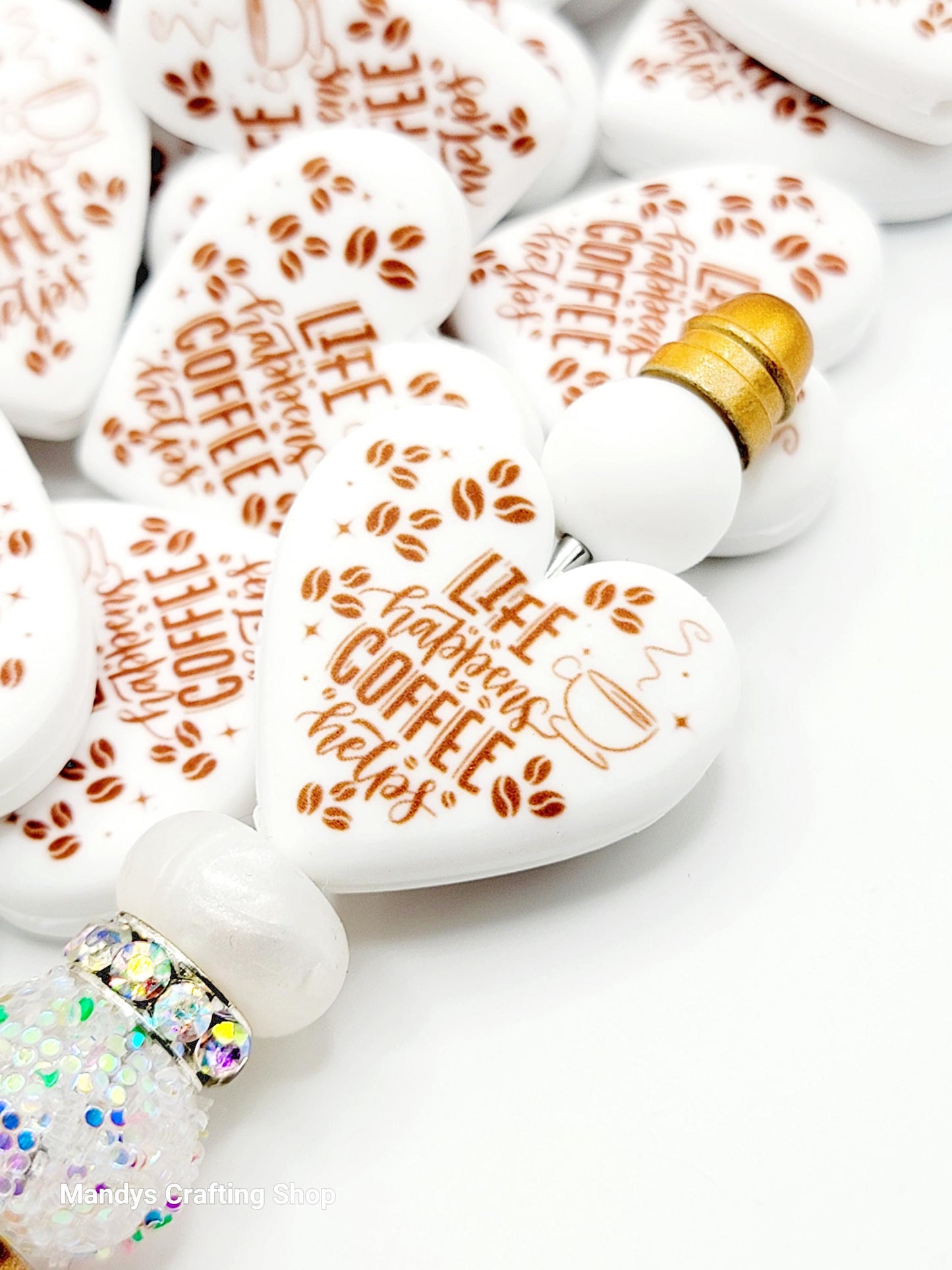 Coffee Lover Heart Focal Bead – “Life Happens, Coffee Helps” Printed Silicone Pen Bead (Set of 2)